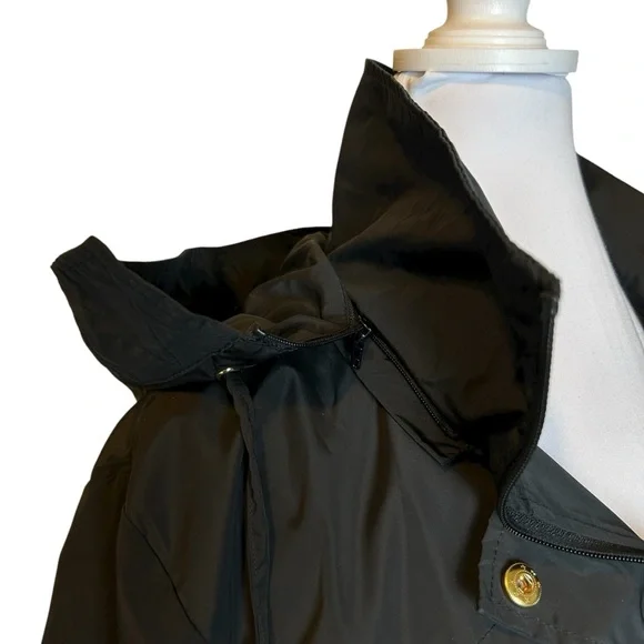 Via Spiga Black Raincoat Womens Size L Loose Fit Swing Lightweight Hooded Lined - Picture 6 of 11
